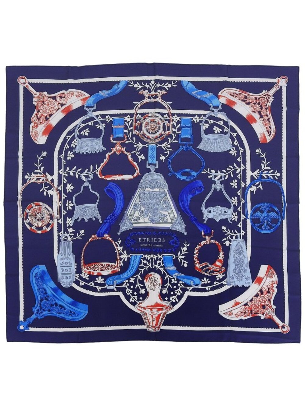 Hermes Etriers Carre 90 Silk 100% Scarf Navy Blue Red